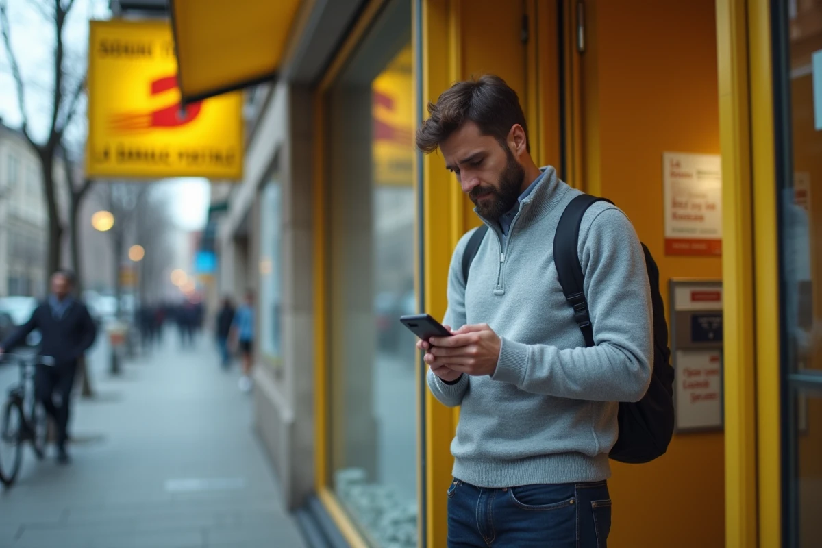 Homme devant une agence La Banque Postale vérifiant un problème de paiement sur son smartphone