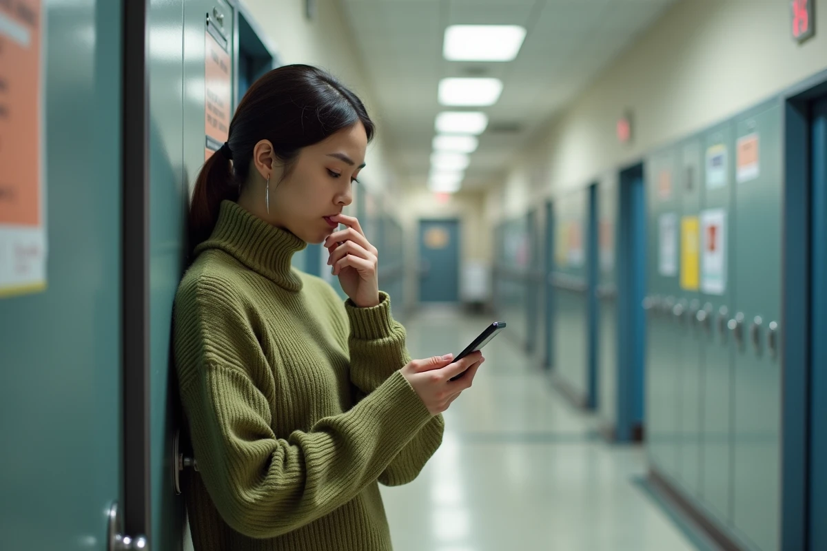 Jeune professeure de lycée vérifiant sa date de virement de salaire sur son téléphone dans un couloir scolaire