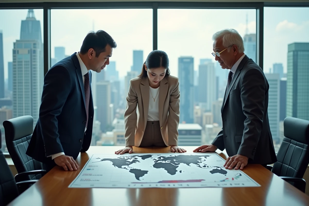 Trois professionnels autour d'une carte du monde en réunion