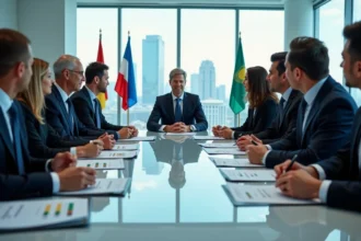Groupe de professionnels autour d'une table avec graphiques mondiaux