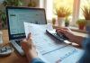 Main tenant un relevé bancaire et calculatrice avec tableau financier