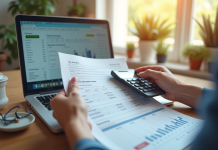 Main tenant un relevé bancaire et calculatrice avec tableau financier