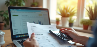 Main tenant un relevé bancaire et calculatrice avec tableau financier