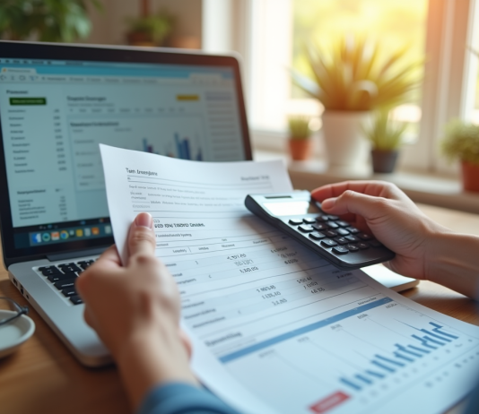 Main tenant un relevé bancaire et calculatrice avec tableau financier