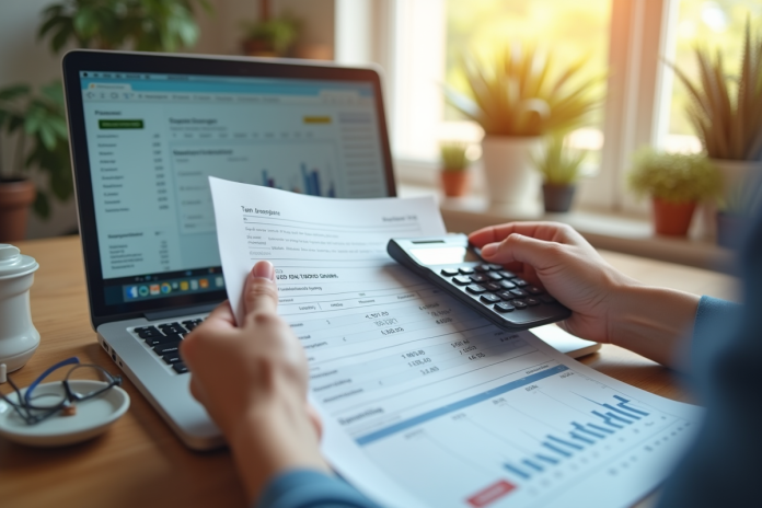 Main tenant un relevé bancaire et calculatrice avec tableau financier