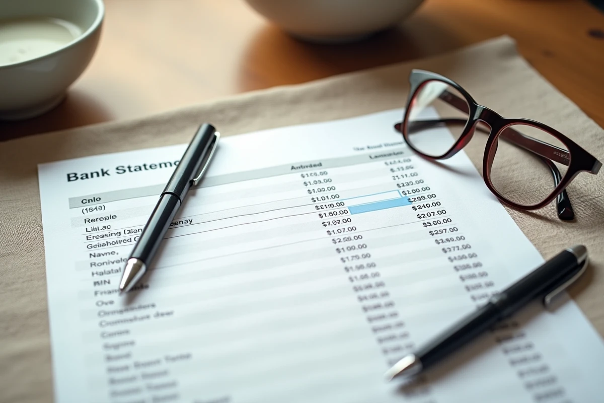 Relevé bancaire papier avec un prélèvement cerclé au stylo posé sur une table, lunettes de lecture à côté