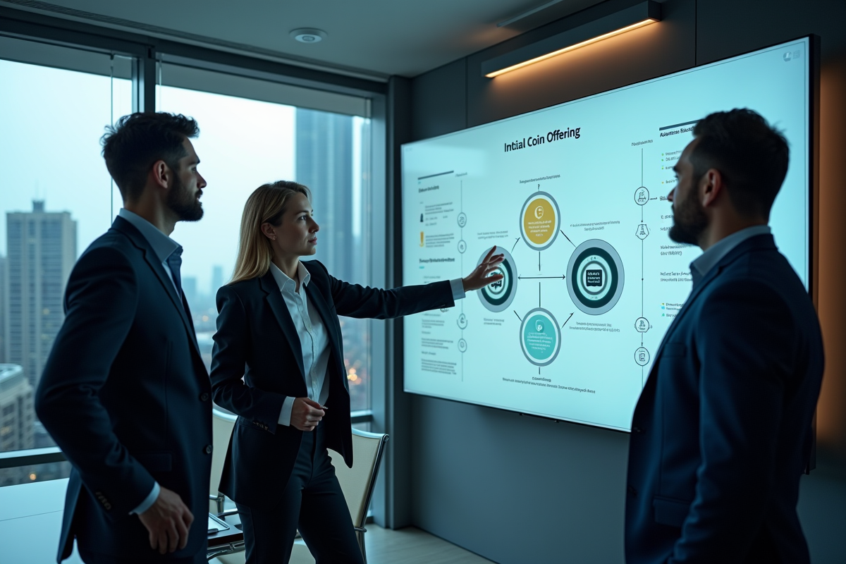 Groupe de professionnels discutant devant un tableau blockchain dans une salle moderne