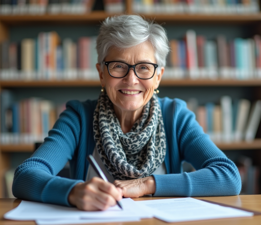 Avantages gratuits pour les plus de 60 ans : quelles prestations ? Femme senior souriante remplissant un formulaire dans une bibliothèque