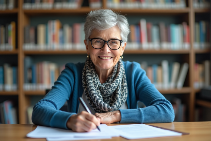 Femme senior souriante remplissant un formulaire dans une bibliothèque