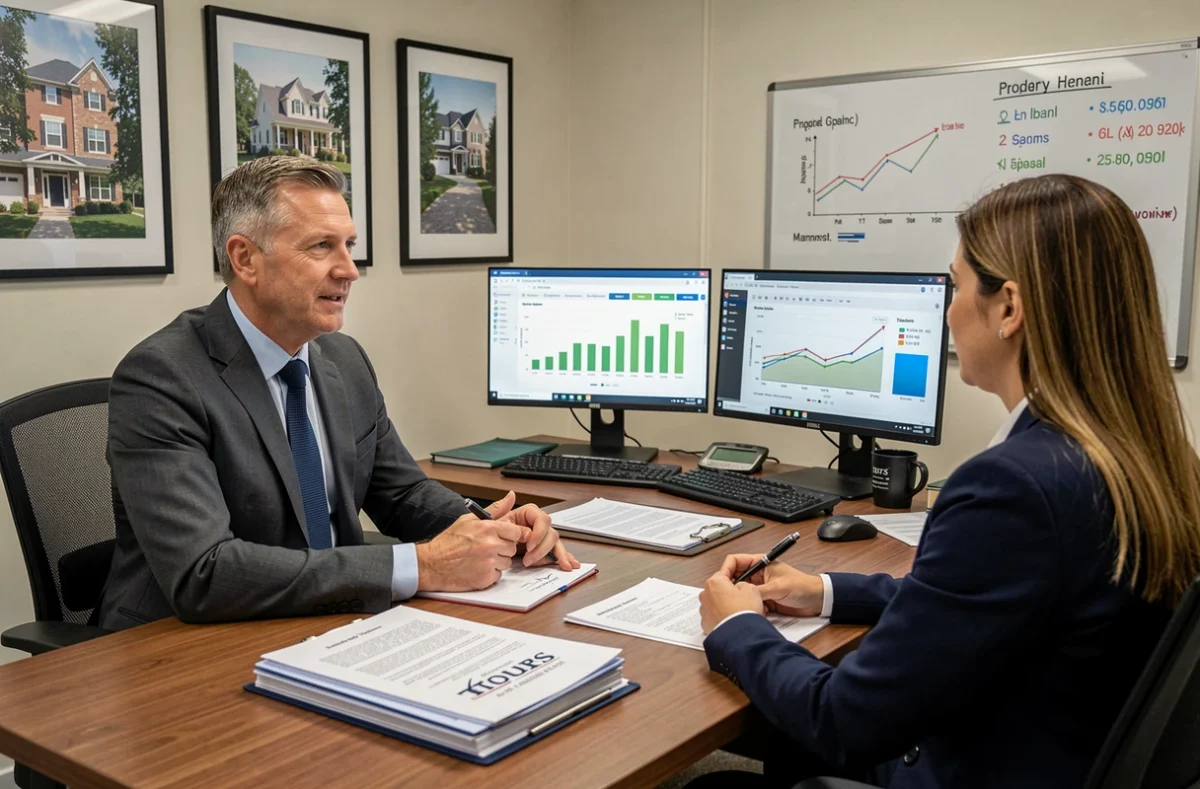 Conseiller patrimonial des Services Immobiliers LSI analysant des données immobilières avec un client dans son bureau à Tours