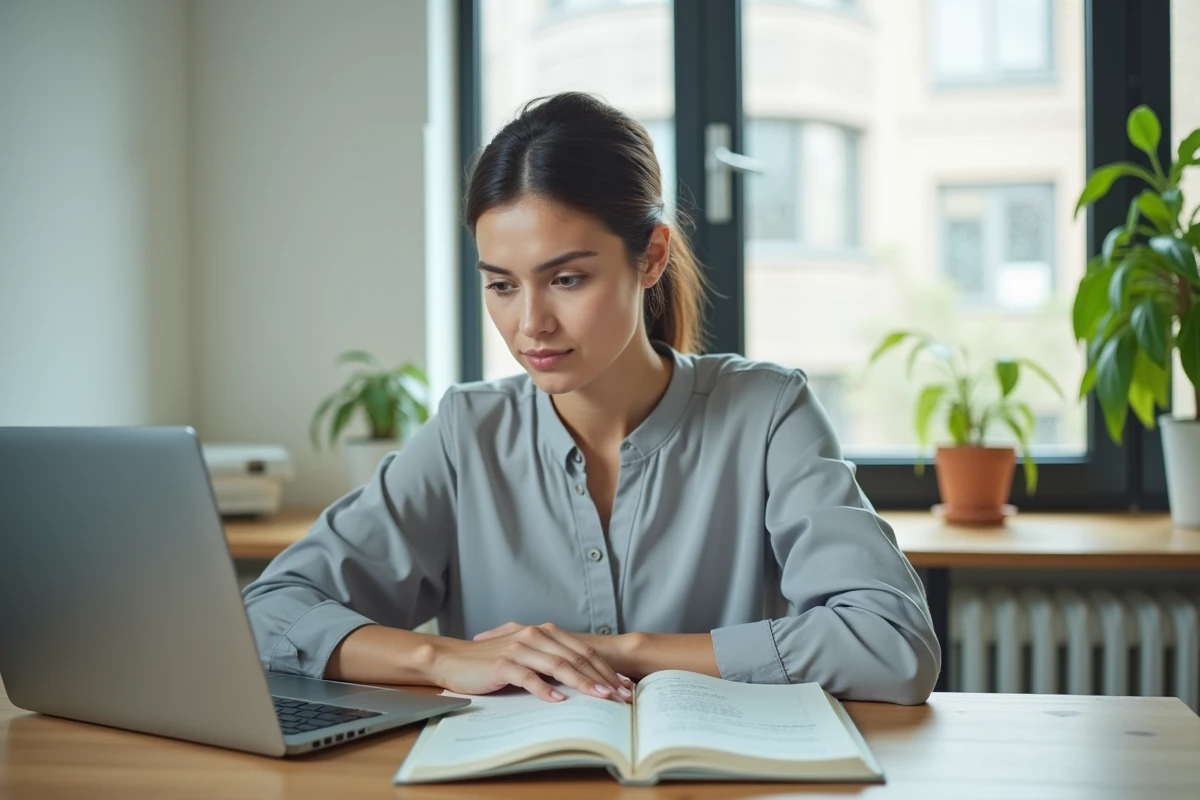 Jeune femme calculant son salaire net SMIC pour 25 heures par semaine sur un simulateur en ligne depuis son bureau à domicile