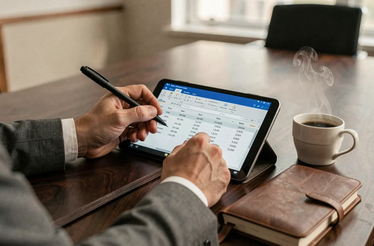 Mains d'un professionnel annotant un logiciel de comptabilité sur tablette avec un grand livre et un café sur une table en noyer