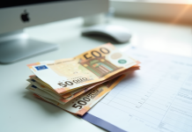 Tas de billets euros avec fiche de paie sur bureau lumineux