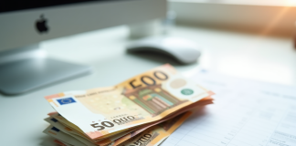 Tas de billets euros avec fiche de paie sur bureau lumineux
