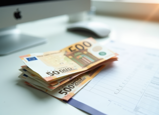 Tas de billets euros avec fiche de paie sur bureau lumineux