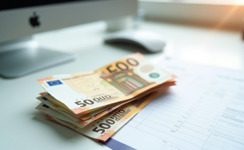 Tas de billets euros avec fiche de paie sur bureau lumineux