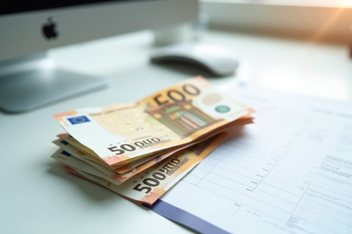 Tas de billets euros avec fiche de paie sur bureau lumineux