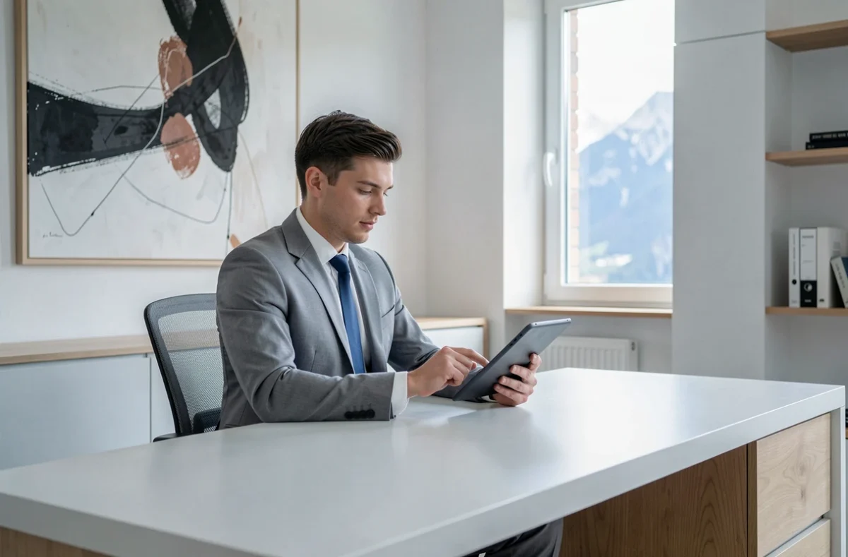 Thomas Giraud notaire dans un bureau moderne et minimaliste consultant une tablette numérique avec vue sur les Alpes