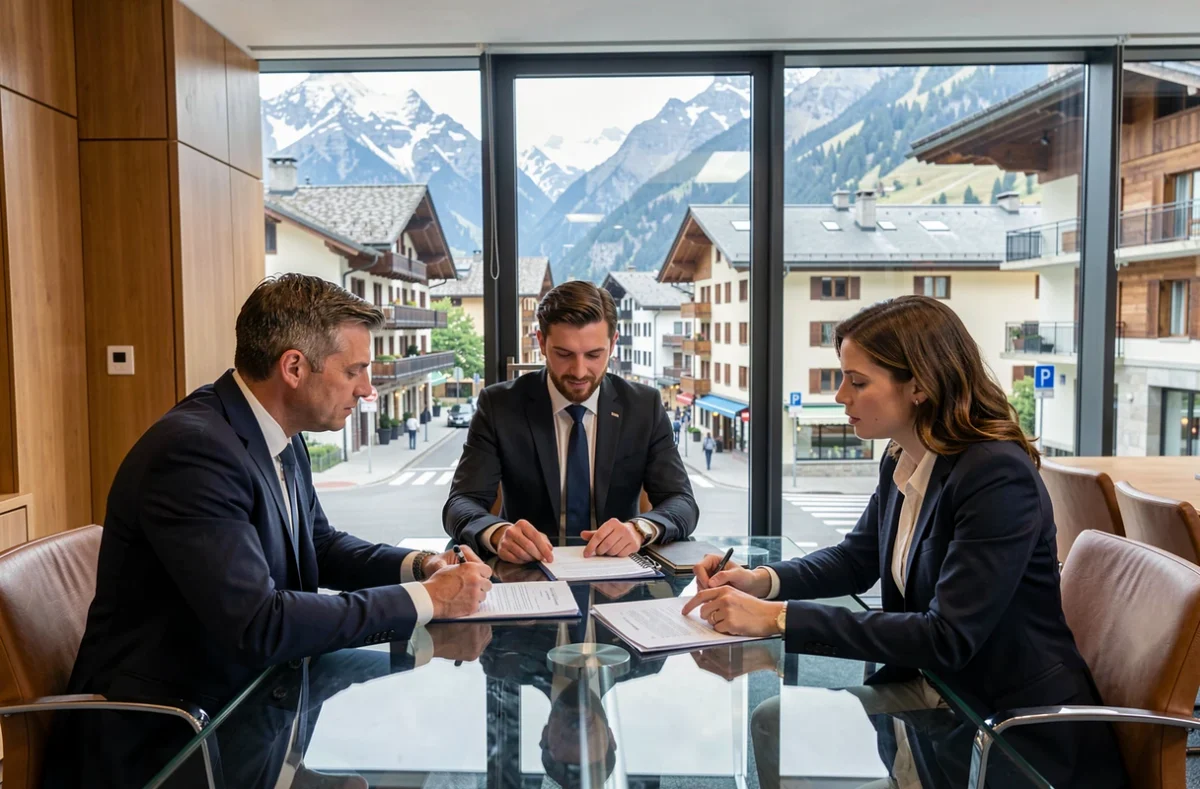 Trois associés notariaux en réunion de travail dans une salle de conférence moderne, étude Tissot Gauthier Verdonnet SCP en Haute-Savoie