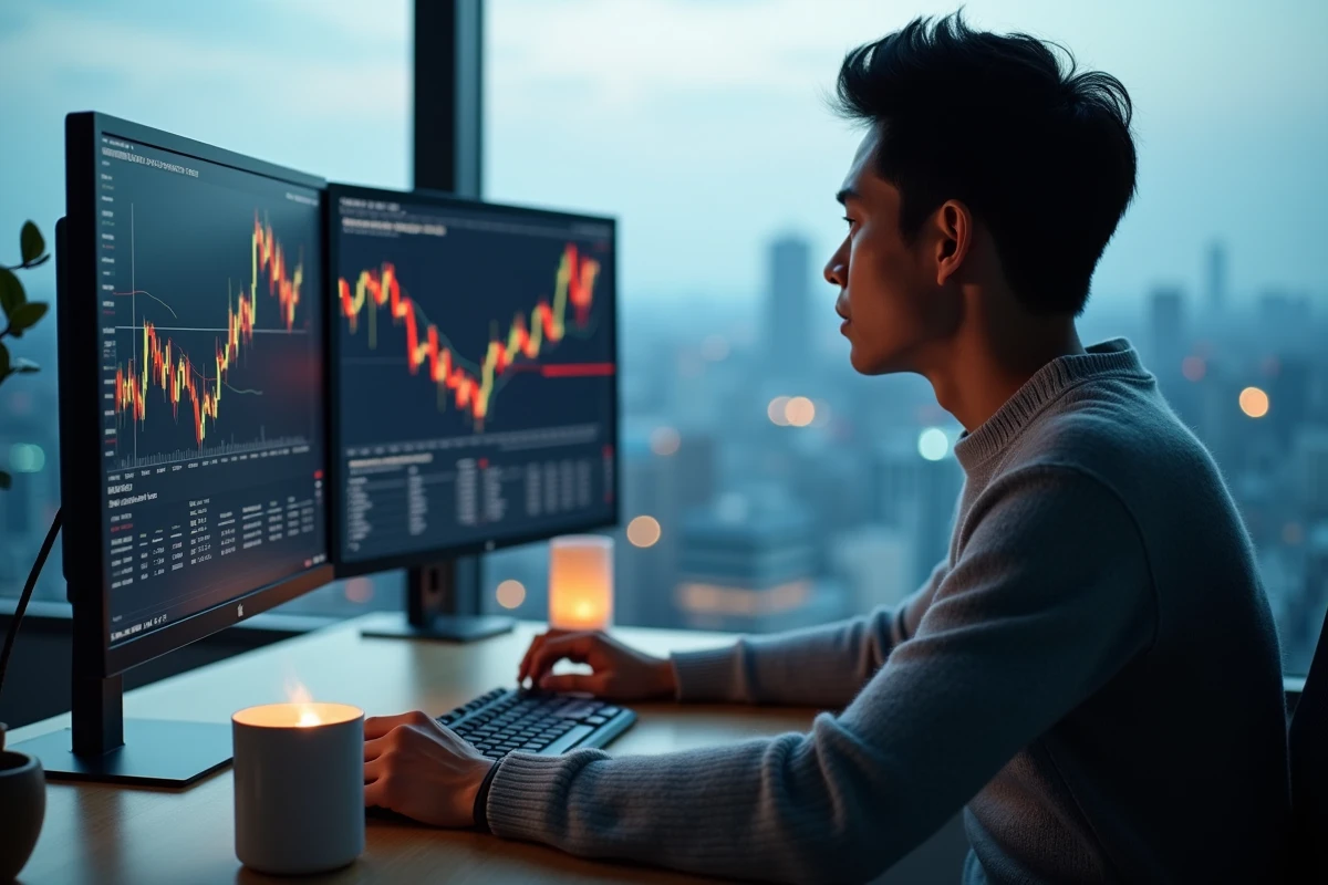 Trader analysant les marchés boursiers asiatiques sur deux écrans au petit matin dans un bureau à domicile moderne