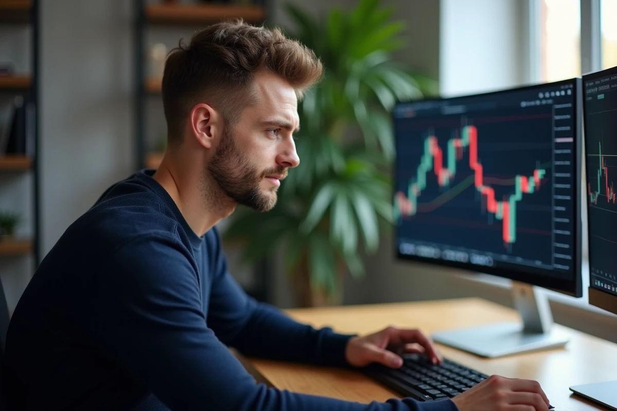Trader indépendant analysant des graphiques de trading sur double écran dans un bureau à domicile épuré