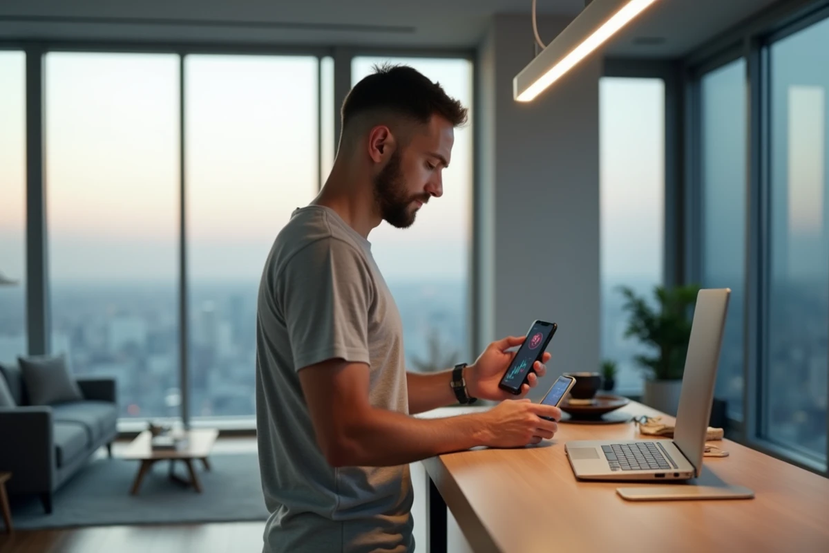 Trader debout dans un appartement moderne tenant un smartphone affichant les résultats d'un compte prop firm