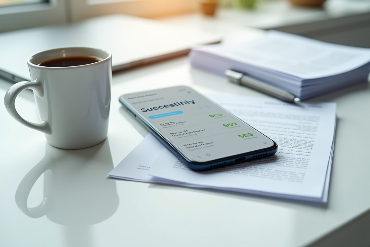 Smartphone avec application bancaire et transfert réussi en lumière naturelle