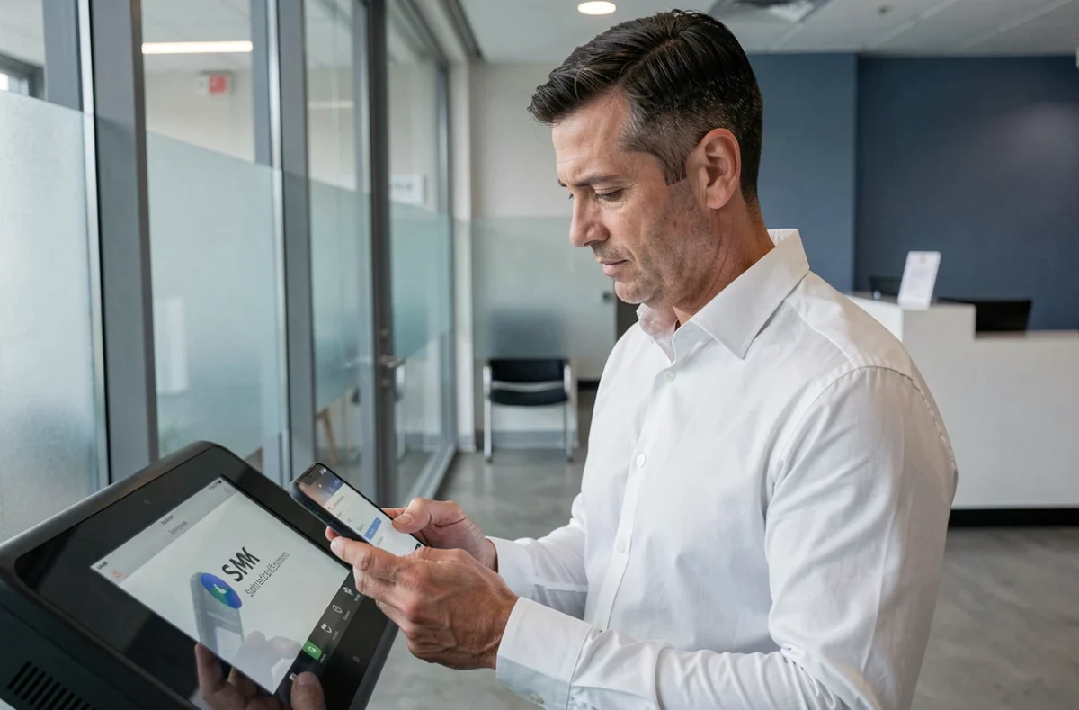 Homme vérifiant un code SMS d'authentification bancaire dans une agence CIC moderne avec terminal tactile