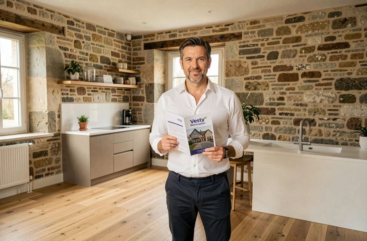 Spécialiste de Vesty Rénovation dans un appartement rénové de la Loire alliant pierre ancienne et aménagement moderne