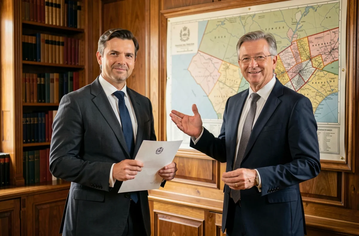 Deux notaires associés Vincent Ortolland et Yannick Chappuis dans leur étude, présentant des documents officiels et une carte cadastrale