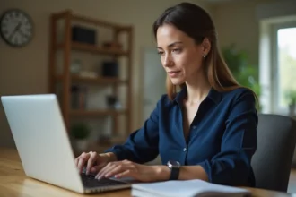 Femme utilisant son espace bancaire en ligne sur ordinateur portable pour effectuer un virement instantané