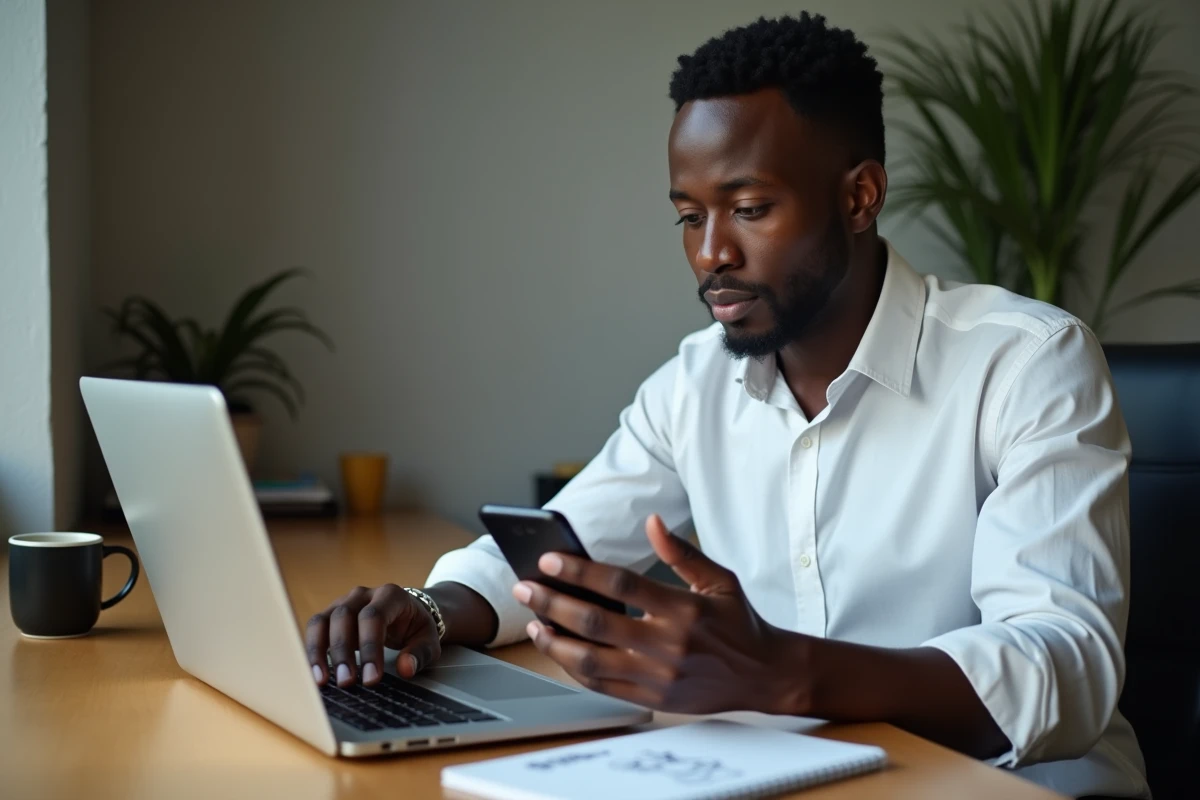 Homme effectuant un virement Western Union en ligne depuis un ordinateur portable et un smartphone à son bureau