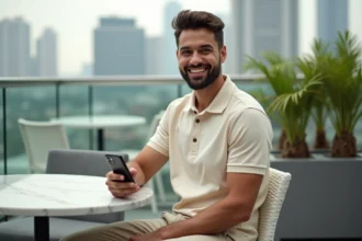 Influenceur milliardaire consultant Instagram sur smartphone dans un rooftop urbain de luxe