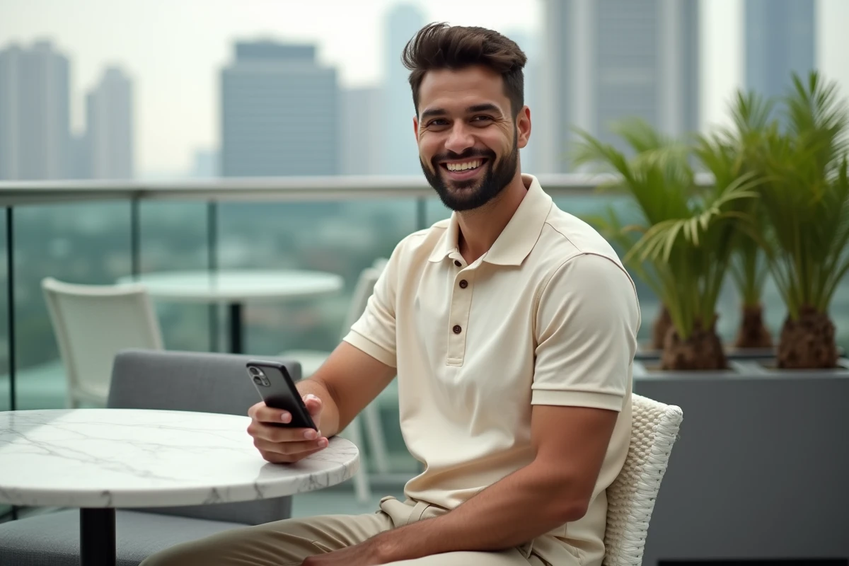 Influenceur milliardaire consultant Instagram sur smartphone dans un rooftop urbain de luxe