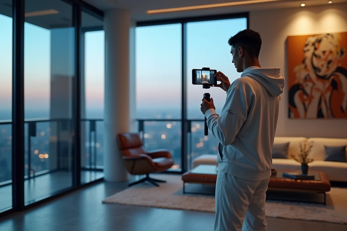 Créateur de contenu TikTok filmant son lifestyle dans un penthouse moderne avec vue sur la ville