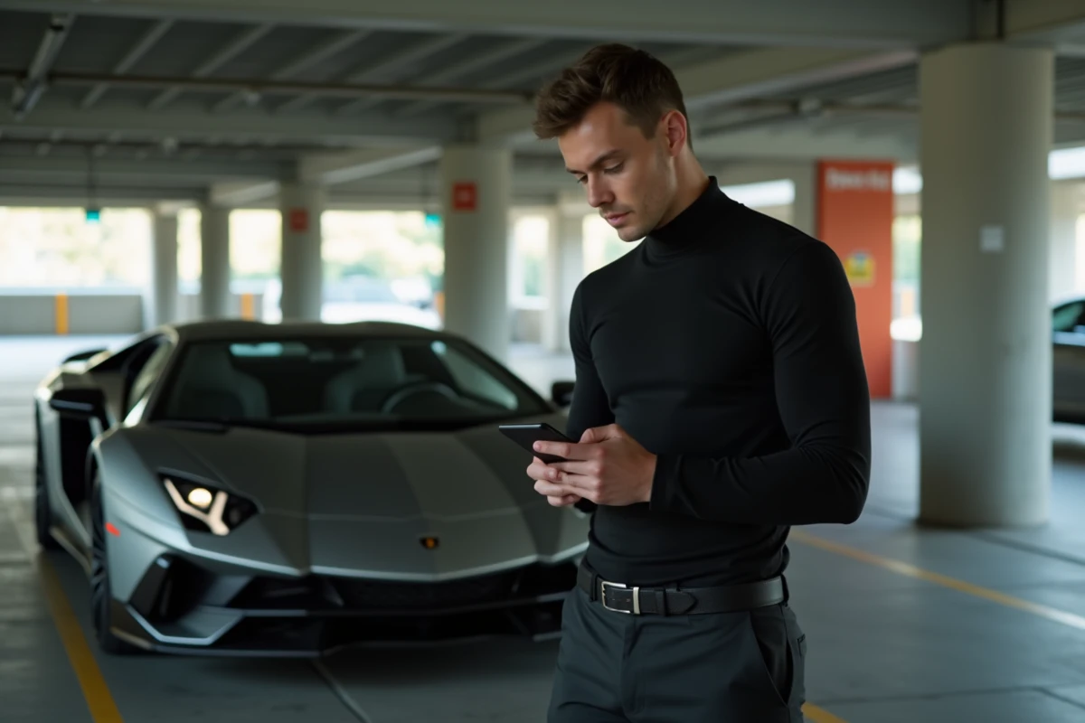 Influenceur analysant ses statistiques TikTok devant une voiture de luxe dans un parking privé